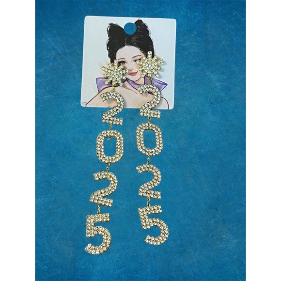 Rhinestone Dangle Earrings Gold 2025 New Years Eve Earrings Fashion Jewelry - Picture 2 of 2